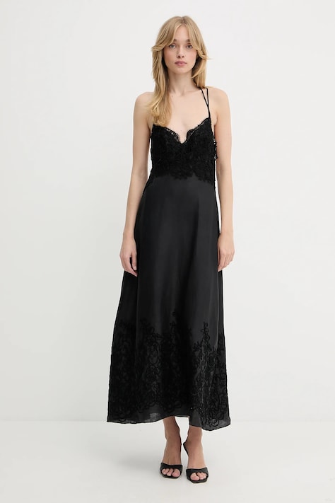 Рокля с лен Ermanno Scervino в черно дълга със стандартна кройка D464Q606NZB