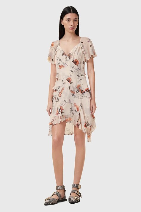 AllSaints rochie din amestec de matase DARMA culoarea bej, mini, dreaptă, W018DC