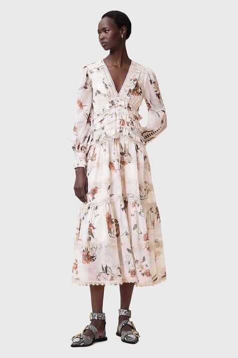 AllSaints rochie ZORA MIDI culoarea bej, midi, evazată, W084DC