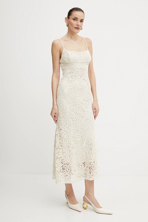 Bardot rochie din bumbac culoarea bej, midi, mulată, 57998DB6