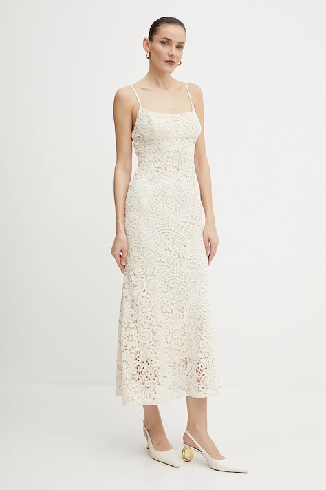 Bardot rochie din bumbac culoarea bej, midi, mulată, 57998DB6