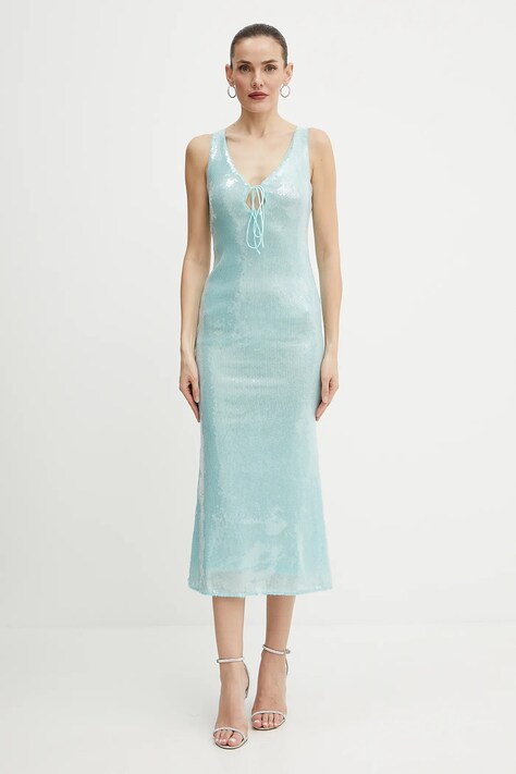 Bardot rochie culoarea turcoaz, midi, mulată, 59272DB