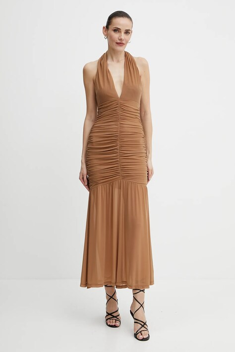 Bardot rochie culoarea maro, maxi, mulată, 59872DB