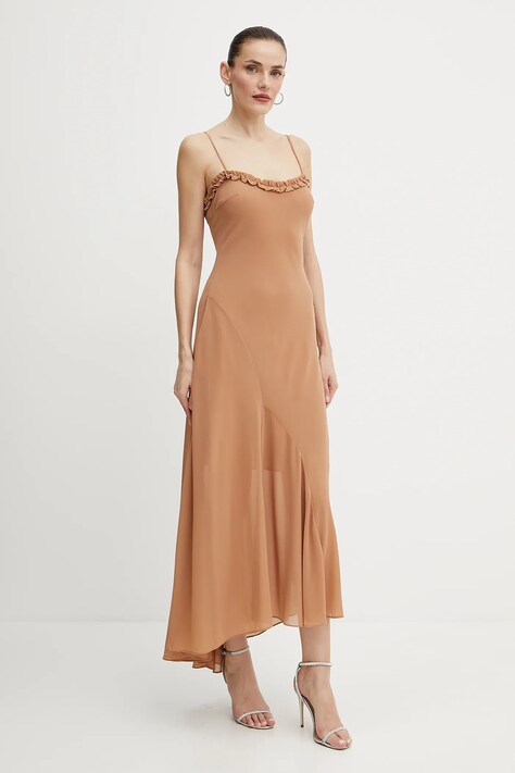 Bardot rochie culoarea maro, midi, evazată, 59885DB