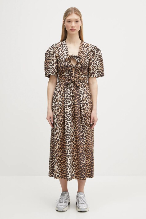 GANNI sukienka bawełniana Printed Cotton Tie Strap Midi kolor brązowy midi rozkloszowana W0373