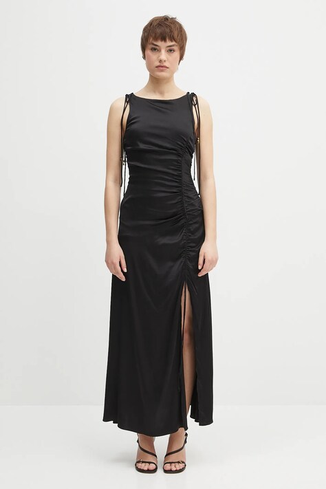 GANNI sukienka Solid Satin Gathered Long kolor czarny maxi dopasowana W0381