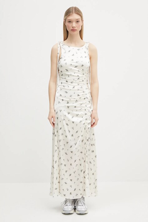 GANNI sukienka Printed Satin Gathered Long kolor beżowy maxi prosta W0262