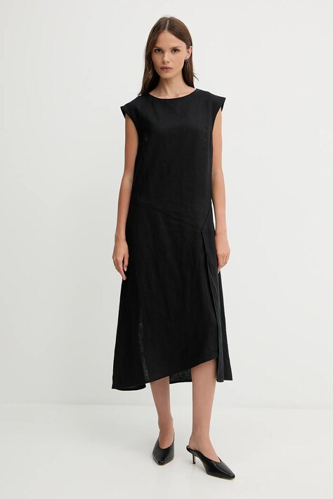 Sisley rochie din in culoarea negru, midi, drept, 4AGHLV073
