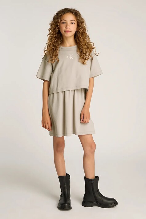 Хлопковое детское платье Calvin Klein Jeans цвет бежевый mini прямое IG0IG02770