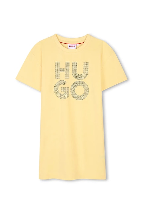 Dievčenské bavlnené šaty HUGO žltá farba, mini, rovný strih, G00410
