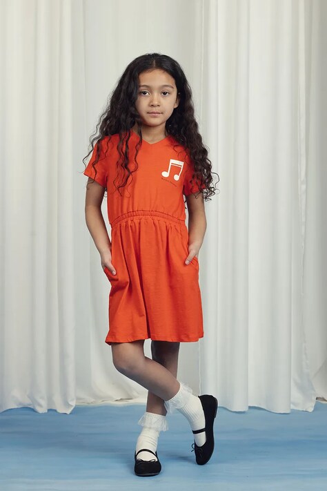 Mini Rodini rochie din bumbac pentru copii Note culoarea portocaliu, midi, evazată, 2525012142