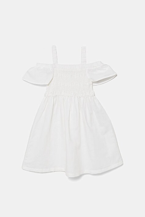 United Colors of Benetton rochie din in pentru copii culoarea alb, mini, evazată, 43WBCV037