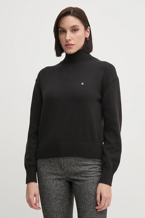 Bavlnený sveter Calvin Klein Jeans čierna farba, s rolákom, J20J224806