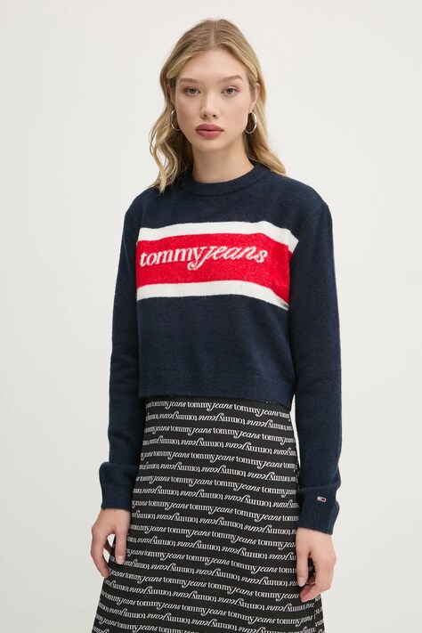 Tommy Jeans pulover din amestec de lana femei, culoarea albastru marin, DW0DW19341
