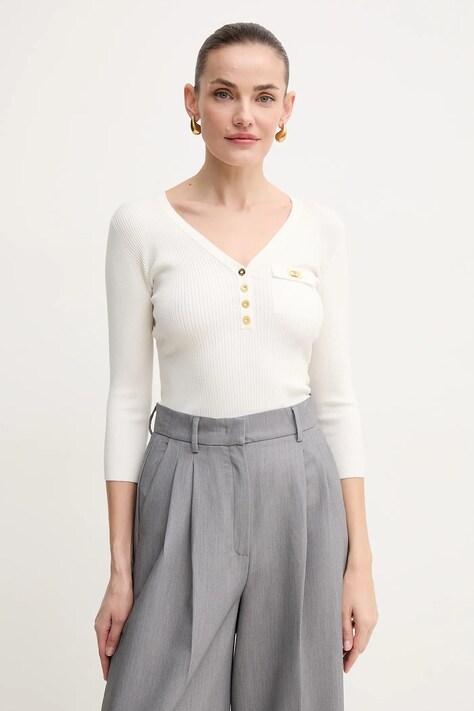 Elisabetta Franchi pulover din amestec de mătase femei, culoarea bej, MK62B51E2