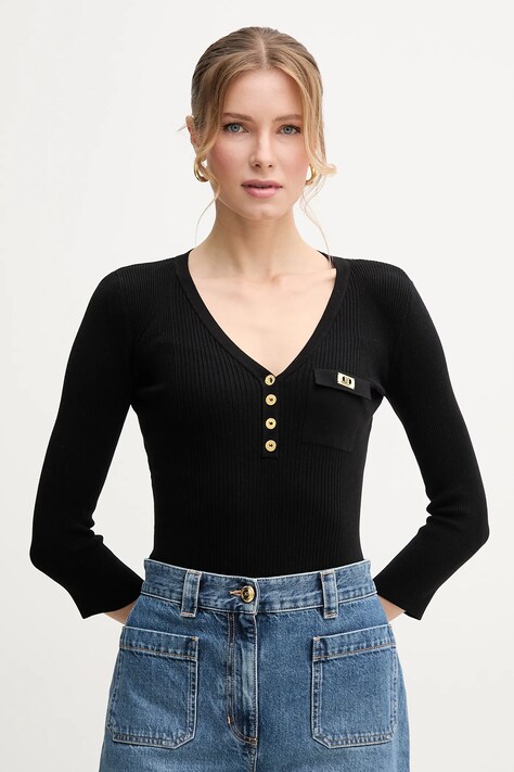 Elisabetta Franchi pulover din amestec de mătase femei, culoarea negru, MK62B51E2