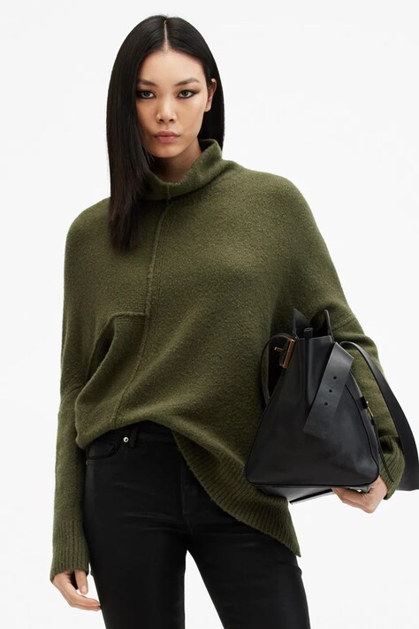 Vuneni pulover AllSaints LOCK ROLL za žene, boja: crna, s dolčevitom, W132KB