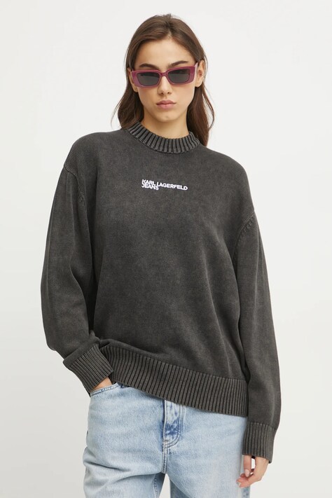 Памучен пуловер Karl Lagerfeld Jeans в сиво от лека материя с ниско поло A1W18045