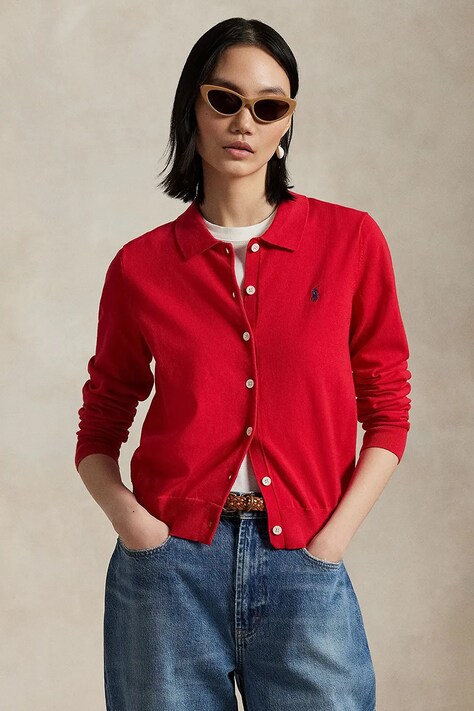 Polo Ralph Lauren cardigan din bumbac femei, culoarea rosu, light, 211959285