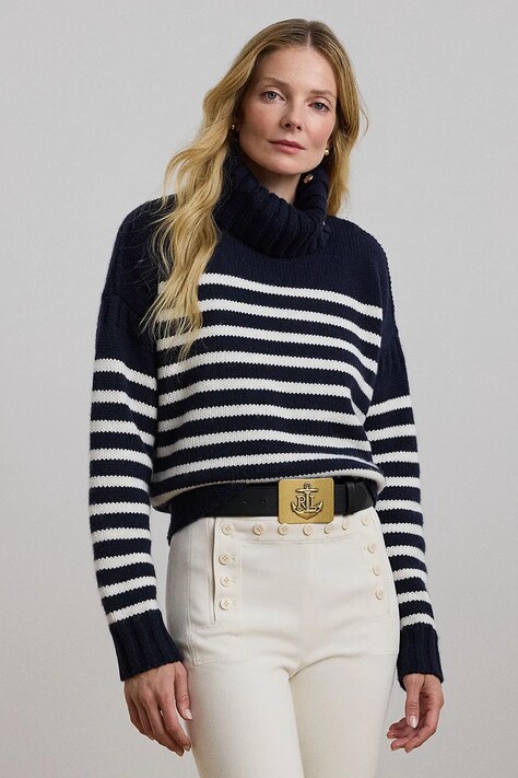 Lauren Ralph Lauren pulover de lana femei, culoarea albastru marin, călduros, cu guler, 200957456
