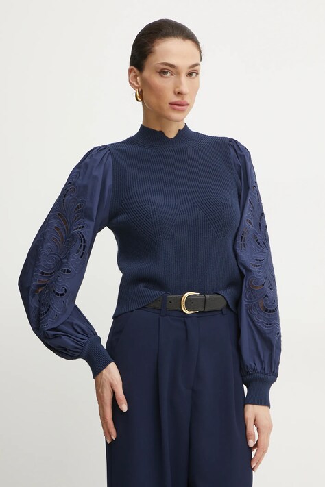 Twinset pulover femei, culoarea albastru marin, cu turtleneck, 251TP3180