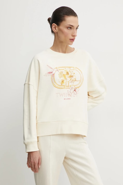 Twinset hanorac de bumbac femei, culoarea bej, cu imprimeu, 251TP2484