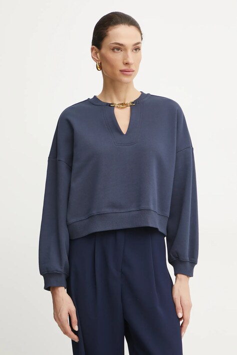 Twinset hanorac de bumbac femei, culoarea albastru marin, neted, 251TP2483