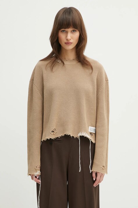 Памучен пуловер MM6 Maison Margiela дамски в бежово  S52HL0036