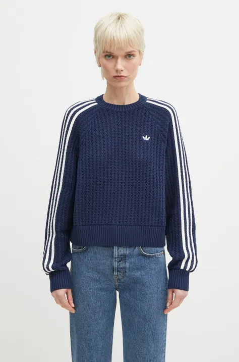 Пуловер adidas Originals KNITTED CREW дамски в тъмносиньо от топла материя JD0906