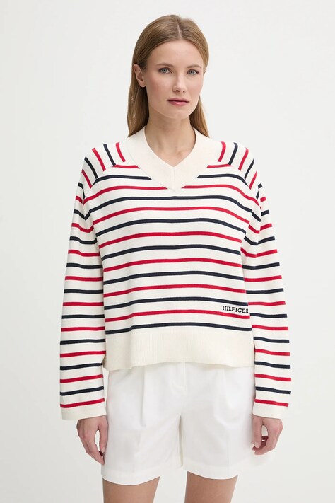 Tommy Hilfiger pulover de bumbac femei, culoarea bej, WW0WW45401