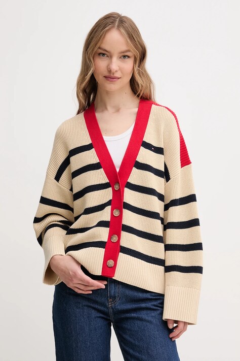 Bavlněný kardigan Tommy Hilfiger dámský, béžová barva, hřejivý, WW0WW45552