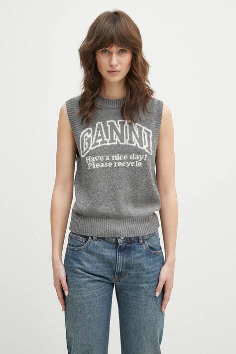 Шерстяной жилет GANNI Graphic Wool Vest женский цвет серый лёгкий K2308