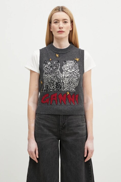 GANNI sweter z domieszką wełny Graphic Wool Mix Cats Vest damski kolor szary ciepły K2375