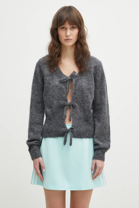 Vlnený kardigán GANNI Light Mohair Tie String Cardigan dámsky, šedá farba, tenký, K2411