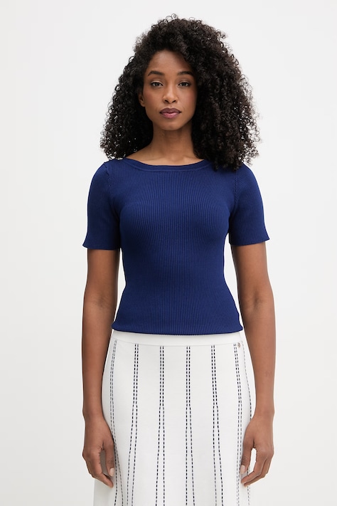 Morgan sweter z krótkim rękawem damski z wiskozy MPIO granatowy MPIO