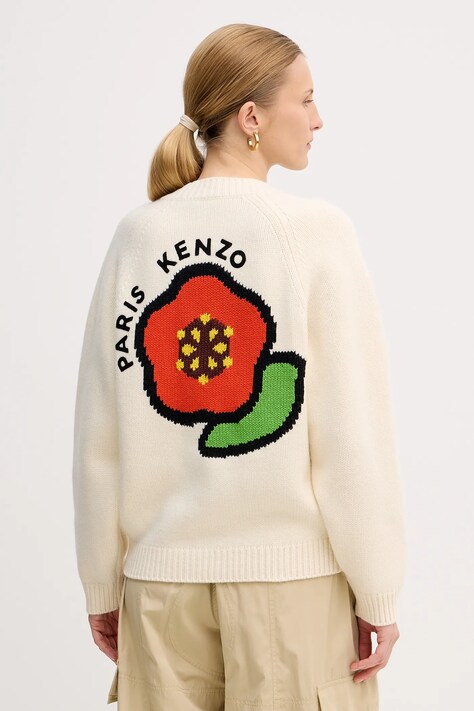 Kenzo cardigan din lana Pop femei, culoarea bej, călduros, FF52CA4983LA.02