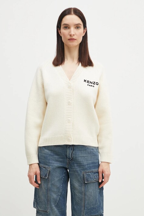 Kenzo cardigan din lana Pop femei, culoarea bej, călduros, FF52CA4983LA.02