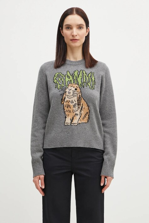 Vuneni pulover GANNI Graphic Wool Mix Bunny za žene, boja: siva, K2502