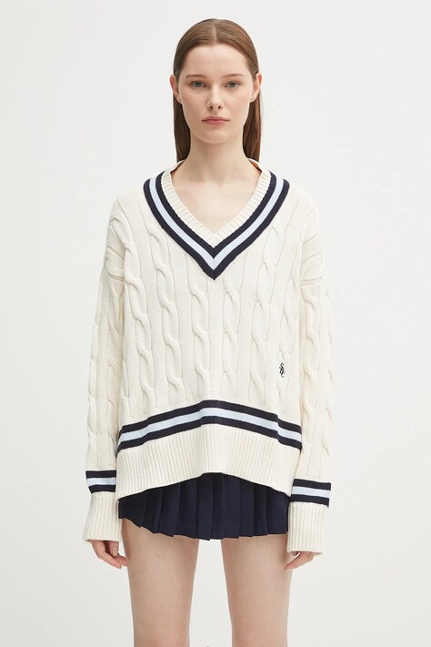 Sporty & Rich sweter bawełniany Src Cableknit V-Neck damski kolor beżowy WS011602302WH38