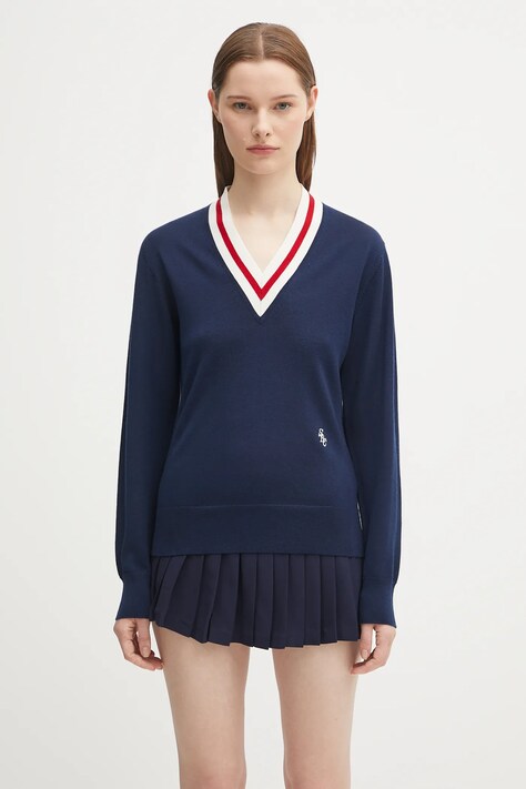 Sporty & Rich sweter wełniany Src Cableknit V-Neck damski kolor granatowy lekki WS070602302BL117