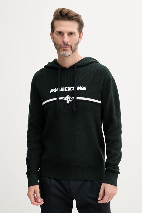 Bavlněný svetr Armani Exchange pánský, zelená barva, lehký, s golfem, XM000180 AF11960