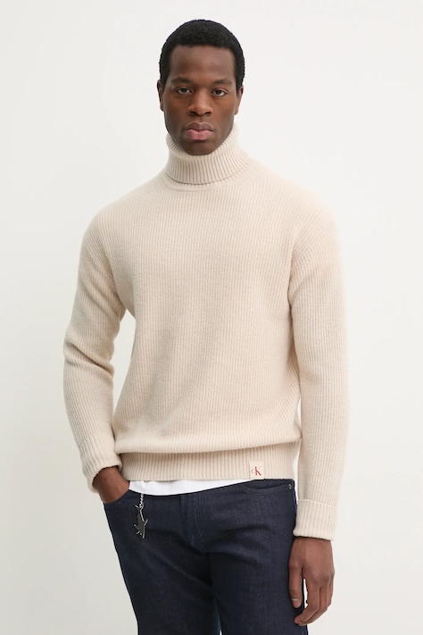Calvin Klein Jeans sweter wełniany męski kolor beżowy z golferm J30J326739