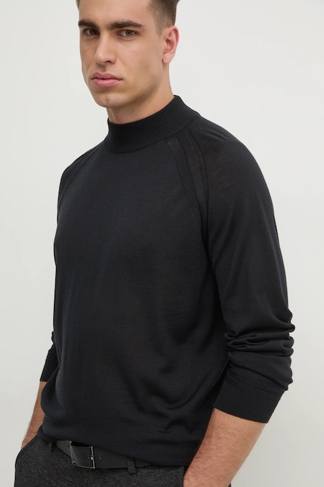 Vlněný svetr BOSS pánský, černá barva, lehký, s pologolfem, 50531154