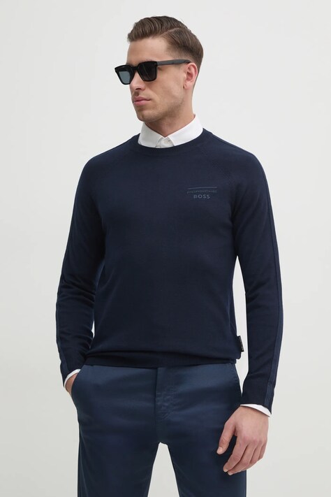 Volnen pulover BOSS moški, mornarsko modra barva, 50531197