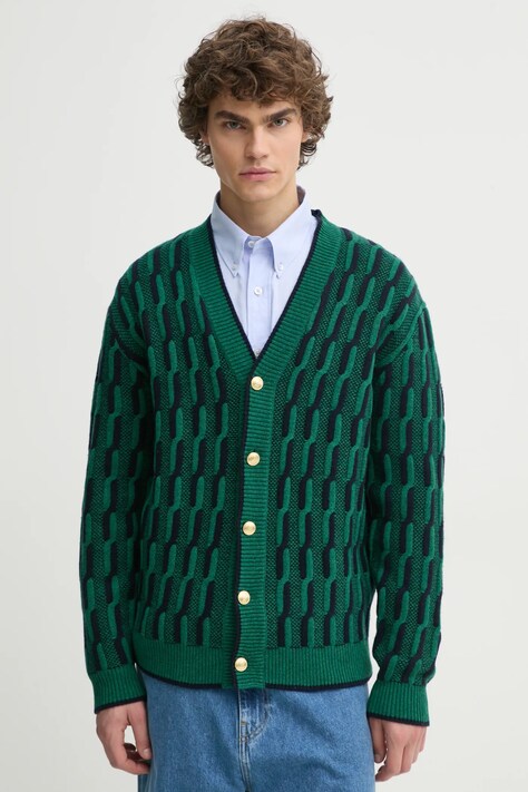 Vlněný svetr Drôle de Monsieur Le Cardigan Torsades Bicolore zelená barva, F-CA150-WO018-DGN