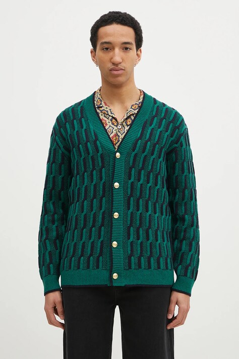 Vlněný svetr Drôle de Monsieur Le Cardigan Torsades Bicolore zelená barva, F-CA150-WO018-DGN