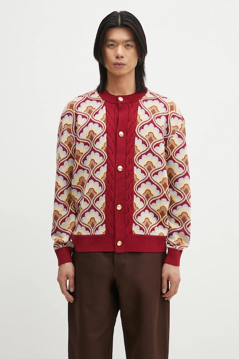 Vlnený kardigán Drôle de Monsieur Le Cardigan Tapisserie pánsky, bordová farba, G-CA134-WO021-RD