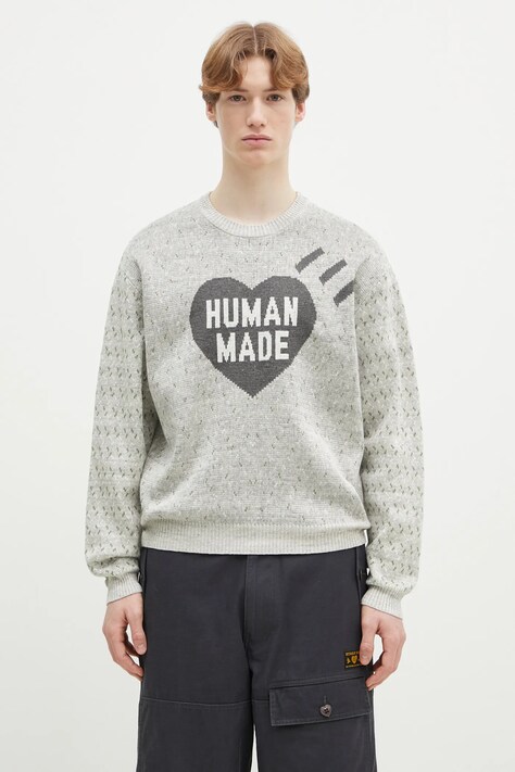 Svetr s příměsí lnu Human Made Heart Knit Sweater pánský, šedá barva, lehký, HM29CS002
