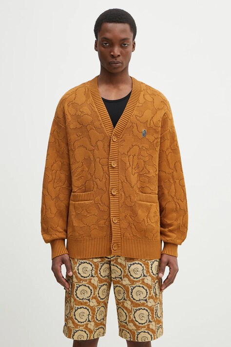 Bavlněný kardigan A Bathing Ape Solid Camo Jacquard One Point pánský, hnědá barva, 1L30120301
