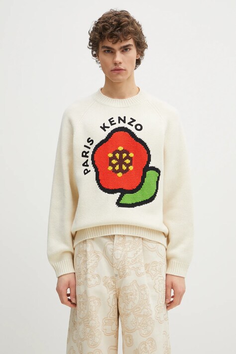 Kenzo sweter wełniany Pop męski kolor beżowy ciepły FF55PU7223LA.02